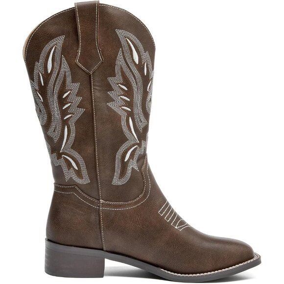 kkdom Cowboy Boots Women Dark Brown Square Toe Western Cowgirl Mid Calf Shoes - Picture 2 of 8